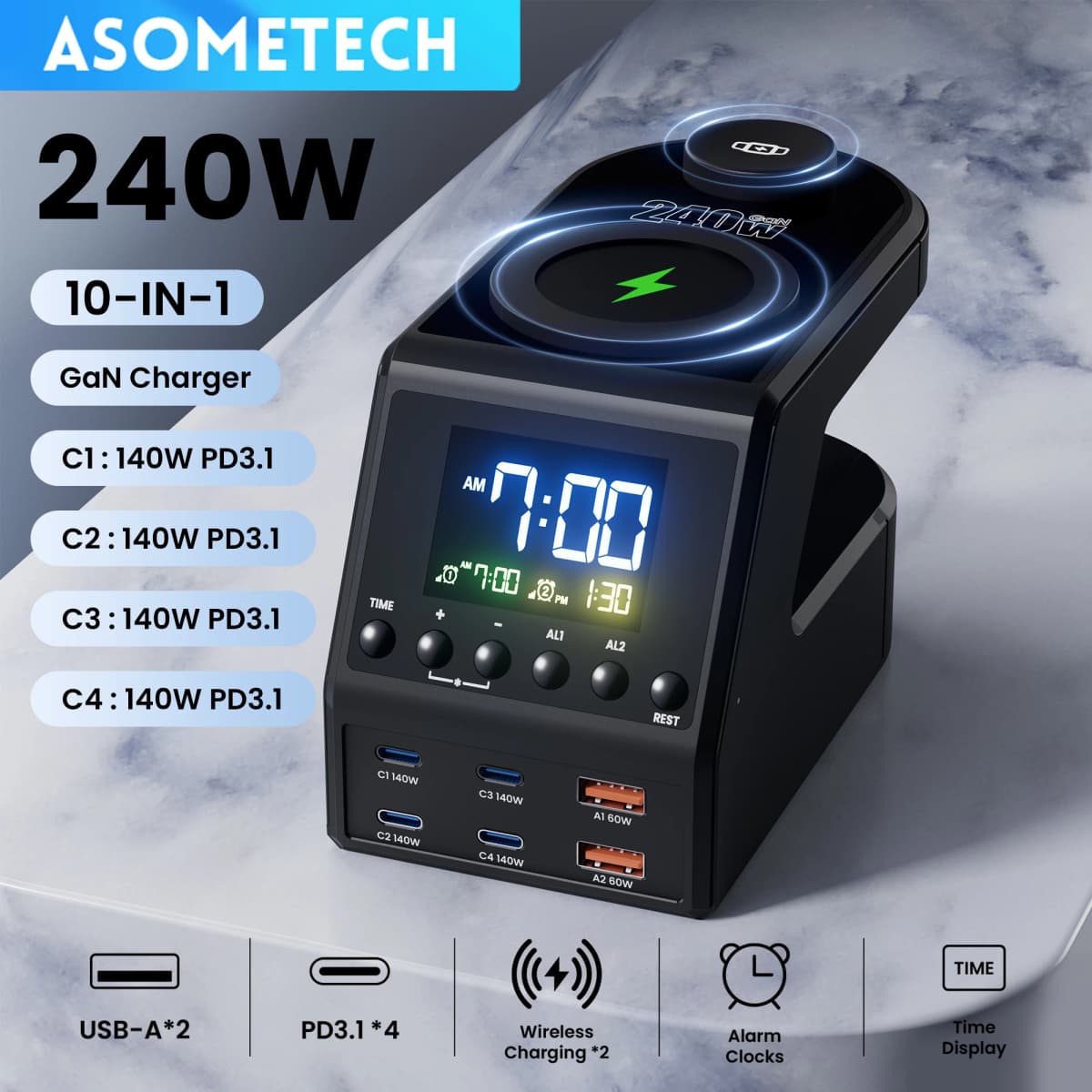 240W GaN Charger Station 4×140W PD3.1 USB Type C Wireless Fast Charger for MacBook iPad Samsung Alarm Clock Time Display