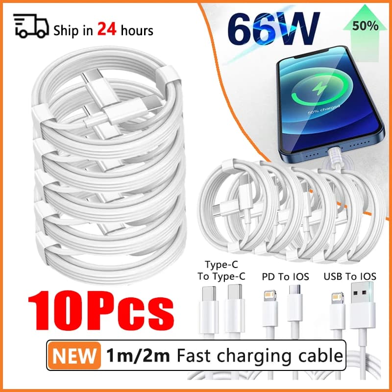 66W Type C PD 30W USB Cable For Apple iPhone 16 15 14 13 11 Pro Max 12 Mini 7 8 Plus XS R Fast Charging USB C Cable Charge Wire