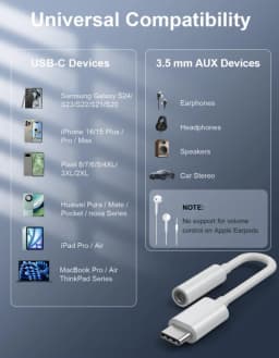 1PCS USB-C to 3.5mm Audio Headphone Adapter - HiFi Compatible with Apple iPhone 17 16 15 SamsungType C to Cord Jack Dongle