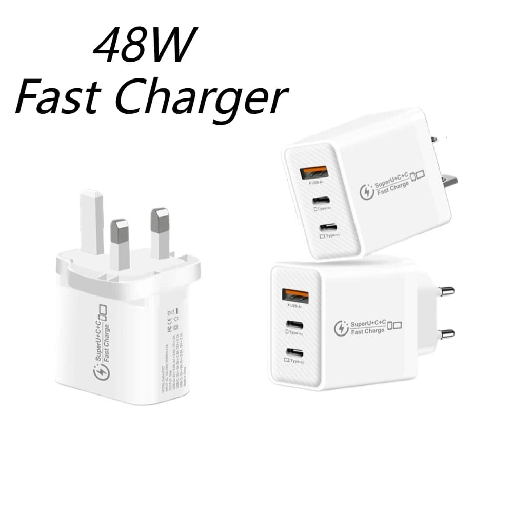 48W 3 Ports USB Fast Charger QC 3.0 PD Type C Wall Adapter EU US UK Plug For iPhone 15 Xiaomi Samsung Huawei For Phone Charging