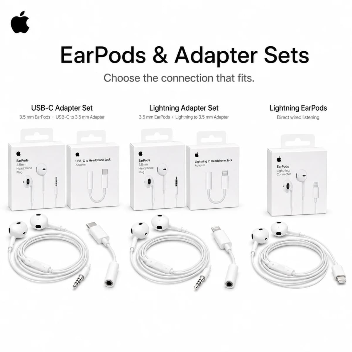 Official Apple EarPods Wired Headphones Lightning USB-C 3.5mm Connector with Mic Remote Adapters for iPhone iPad MacBook