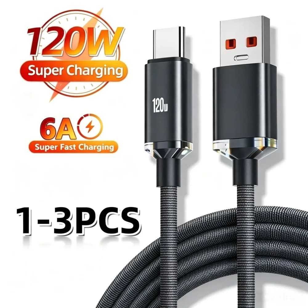 120W USB C Fast Charging Cable 0.25M/1M/1.5m/2M Quick Charge 6A Super Fast Cahrger For Samsung Xiaomi Huawei Type C Cable