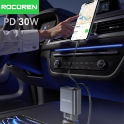 Rocoren 4 in 1 Retractable Car Charger PD30W USB Type C Car Charger With Fast Charging Cable Digital Display Car Charger Adapter