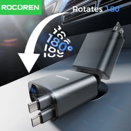 Rocoren 4 in 1 Retractable Car Charger PD30W USB Type C Car Charger With Fast Charging Cable Digital Display Car Charger Adapter