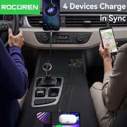 Rocoren 4 in 1 Retractable Car Charger PD30W USB Type C Car Charger With Fast Charging Cable Digital Display Car Charger Adapter