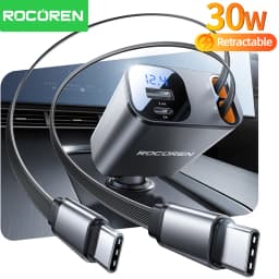 Rocoren 4 in 1 Retractable Car Charger PD30W USB Type C Car Charger With Fast Charging Cable Digital Display Car Charger Adapter