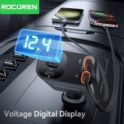 Rocoren 4 in 1 Retractable Car Charger PD30W USB Type C Car Charger With Fast Charging Cable Digital Display Car Charger Adapter