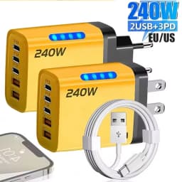 5 in 1 240W GaN Fast Charger With LED Light 2USB+3Type-C Multi Port Phone Charging Head For iPhone Huawei Laptop Tablets 2025