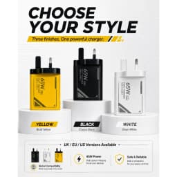 65W GaN Pattern Multi Port Travel Fast Charger, Black Yellow White Optional EU US Plug Kit with 1M Braided USB‑C Cable