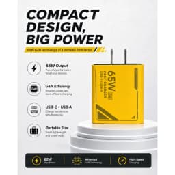 65W GaN Pattern Multi Port Travel Fast Charger, Black Yellow White Optional EU US Plug Kit with 1M Braided USB‑C Cable