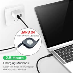 PD 60W USB C Retractable Data Cable, For Macbook Fast Charging Cord Compatible with Type C Mobile Phone Switch Tablets and More