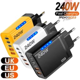240W GaN Fast Charger LED Indicator 5 In 1 Multi Port Charger 2 USB+3 Type-C PD Power Adapter For iPhone Samsung Huawei Xiaomi
