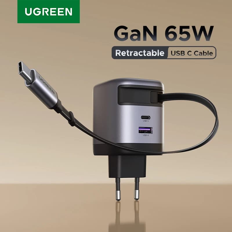 UGREEN 65W GaN Charger With Retractable USB C Cable For iPhone 18 17 Pro Samsung Xiaomi Laptop Macbook Tablet PD Fast Charger