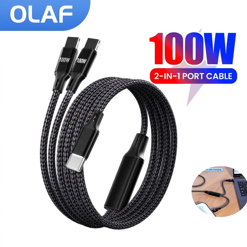 Max PD100W 2 IN 1 Fast Charging USB Type C Cable Mobile Phone Type C to Type C Data Cord For iPhone 16 15 Samsung Tablet Laptop
