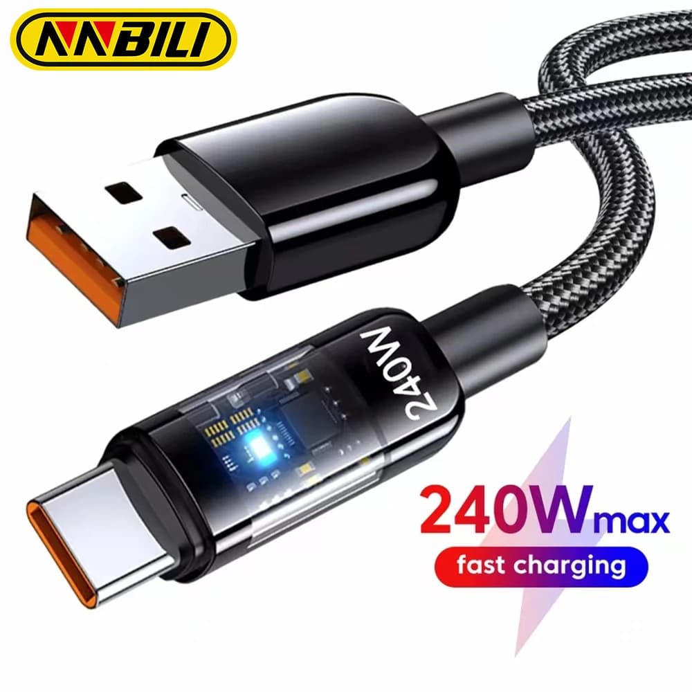 NNBILI USB C Quick Charging Cable 240W Nylon Braided Transparent Type C High-speed Charger Wire for Samsung Huawei Mi Data Line