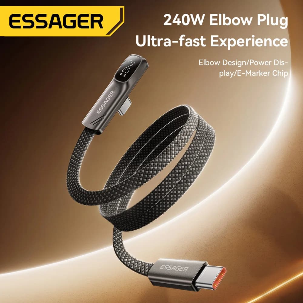 Essager USB C Cable 240W Elbow Fast Charging Cord With E‑Marker Chip Digital Display Data Cable For Laptop iPhone Samsung Huawei