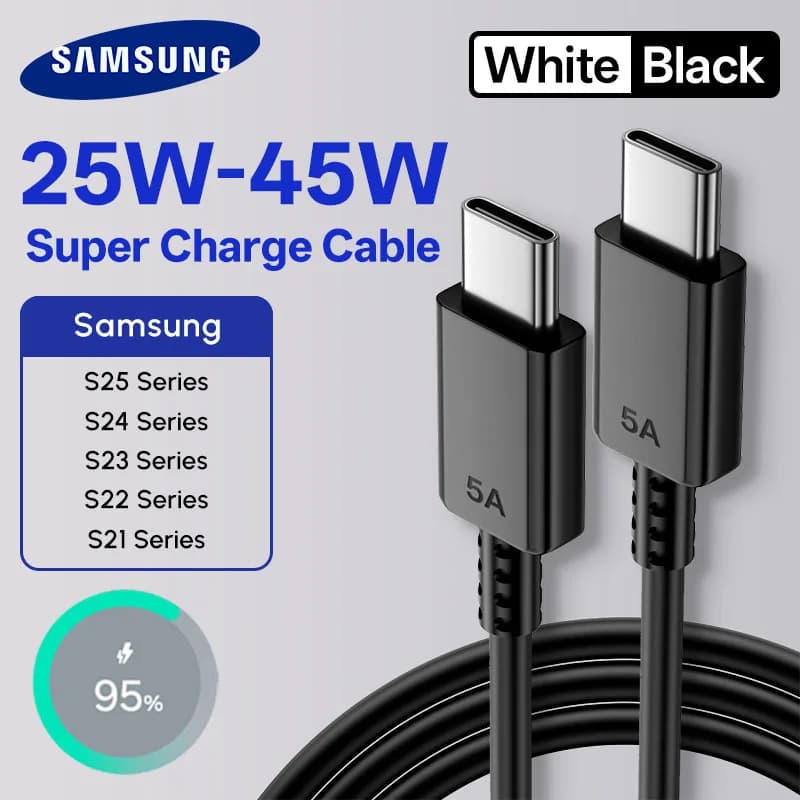 45W Samsung Original PD Cable USB Type-C Wired 25W 5A Super Fast Charger Samsung S25 S24 S23 S22 Note 20 A15 A33 A34 A54 Quick
