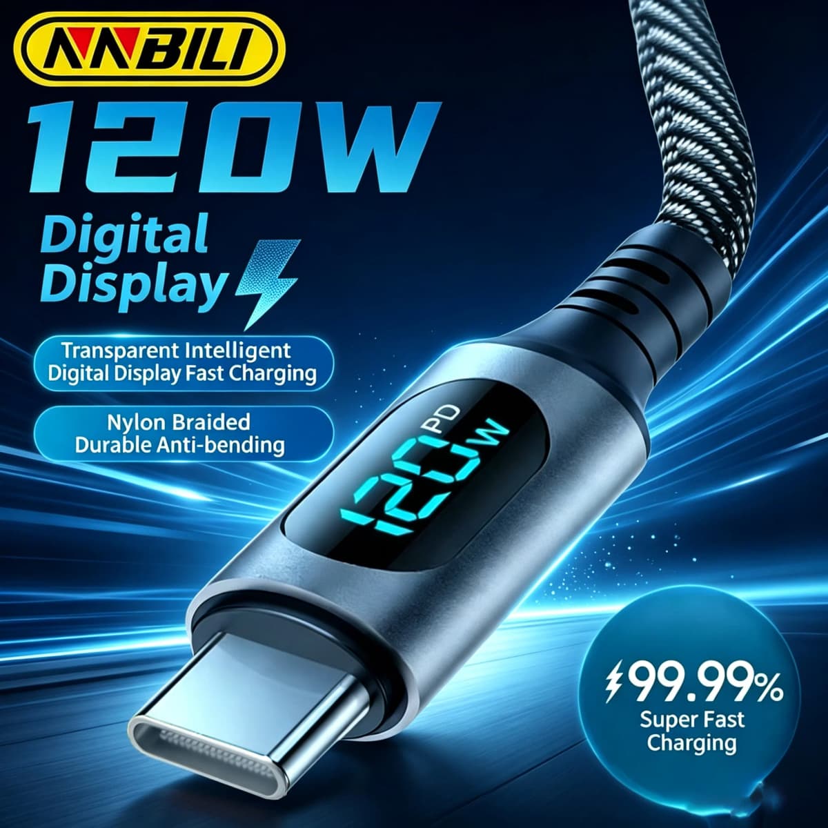 NNBILI USB Type C to Type C 6A Fast Charge 120W USB A To Type C Data Cord For Huawei Honor Xiaomi With Led Digital Display Cable