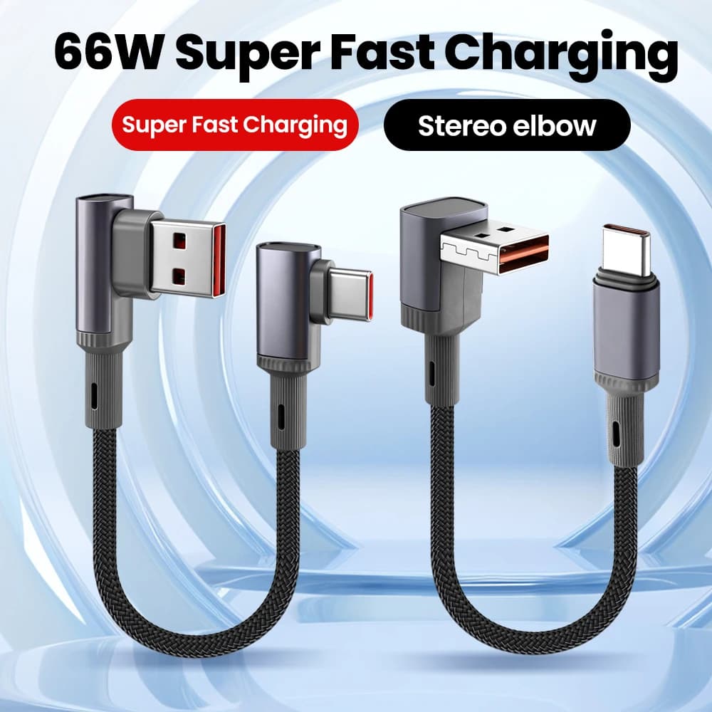 66W 90° Elbow USB A to Type-c Portable Phone Fast Charging Short Data Cable For iphone16/17 Samsung Xiaomi Huawei 15cm/25cm/50cm