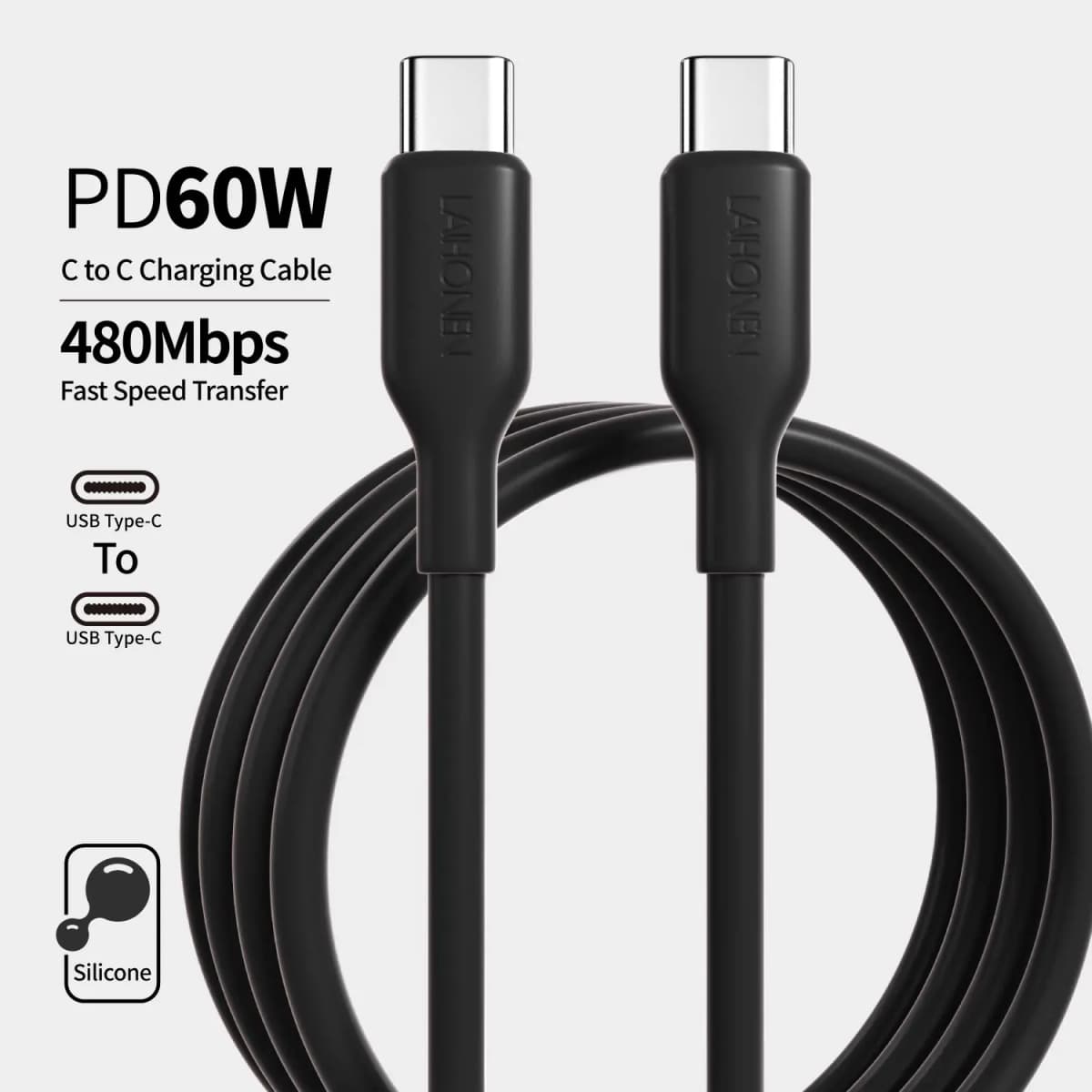 Liquid Silicon USB-Type C To C Fast Charging Cable 60W For Huawei SCP Xiaomi iPhone 15 16 17 Pro Max