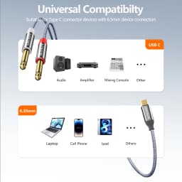 SUNKANDI USB C to 1/4" Audio Cable, Type-C to Dual 6.35mm TS Splitter for iPhone16 15, MacBook, Galaxy, Mixer, Amp, Speaker