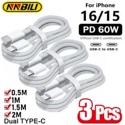 NNBILI 3PCS Type C to USB C PD60W Fast Charging Charger Cable Supports Fast Charging For iPhone 18 17 Samsung Xiaomi Huawei Cord