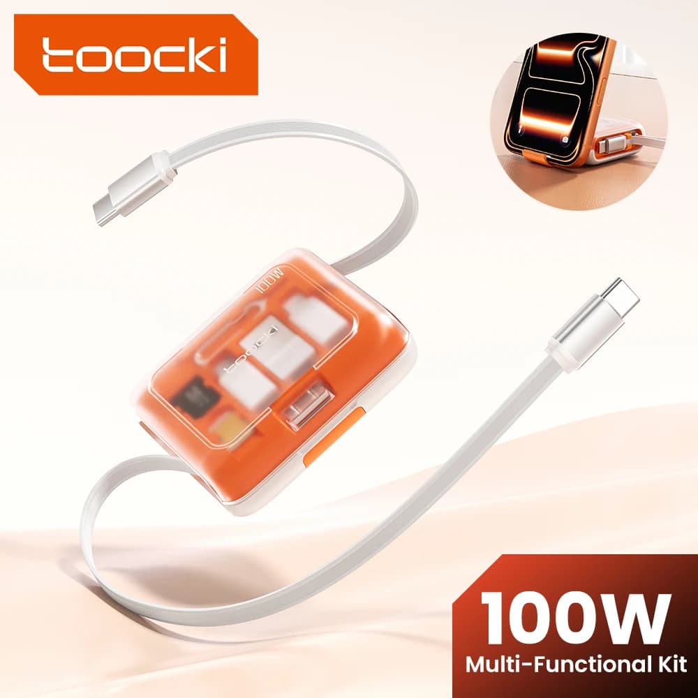 Toocki PD100W Retractable Fast Charging Cable Set With Hidden Phone Stand & Multi-Adapter For iPhone 16 15 Samsung S23 Xiaomi