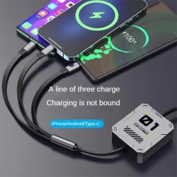 Type-C 3 in 1 Phone Fast Charging Retractable Cable 5A USB-C Data Cable Micro Suitable for iPhone Huawei Samsung Phone Charging