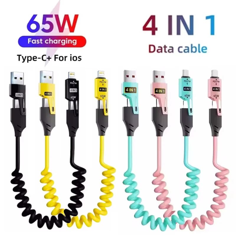 4 in 1 65W Spring Short Data Cable 6A USB Type C Spring Telescopic Quick Charger Wire Spring USB Cable for IPhone15 141312