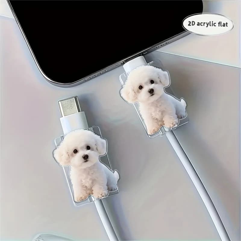 2D Flat 2pcs Cute White Dog Stylish Data Cable Protector Playful Design Connector Cover For iPhone / Type-C Charging Interface