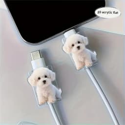 2D Flat 2pcs Cute White Dog Stylish Data Cable Protector Playful Design Connector Cover For iPhone / Type-C Charging Interface