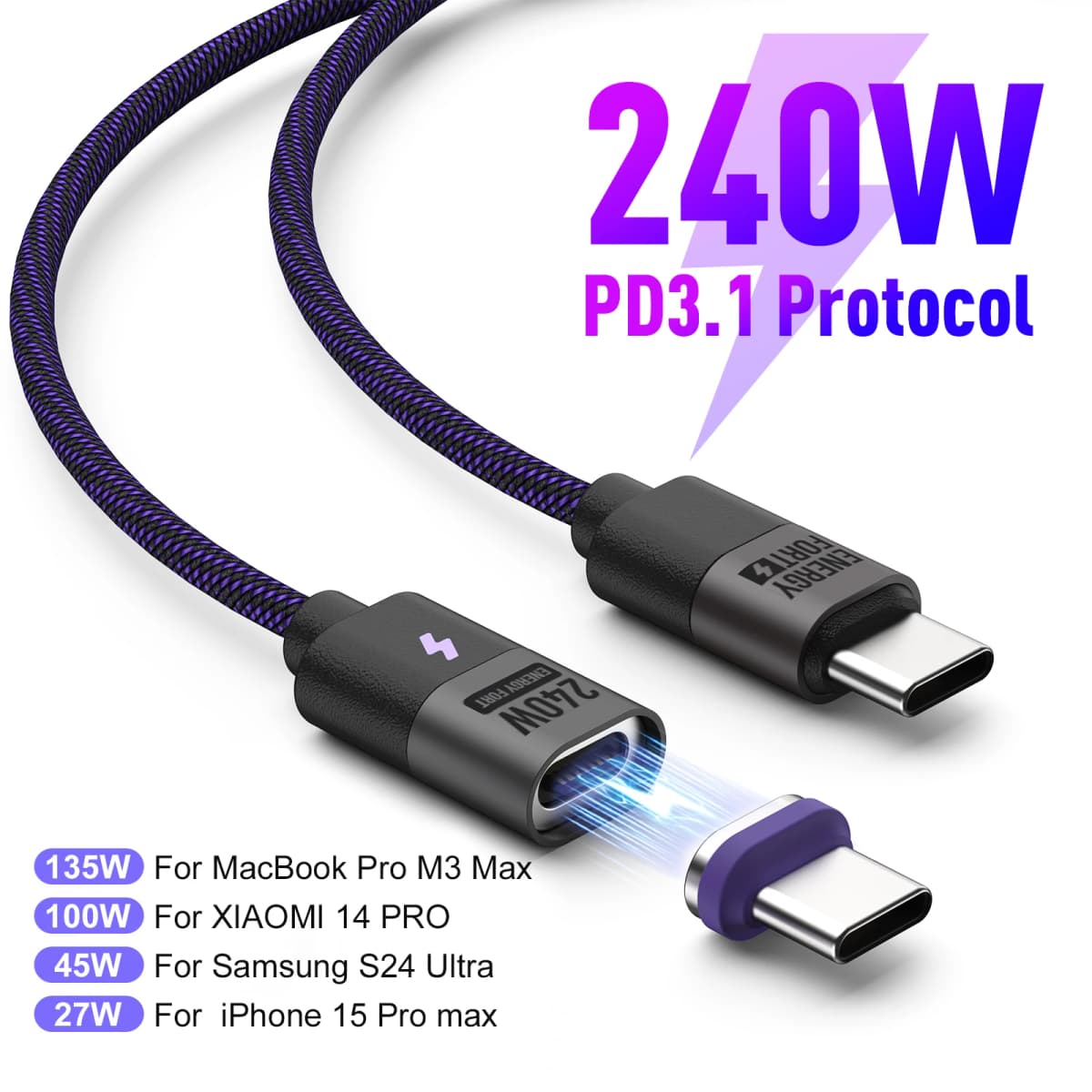 240W PD3.1 Magnetic Fast Charging Cable Type-C Charger Cord with 3 Plugs 5A E-Marker Nylon Cable for Phones Tablets Laptops