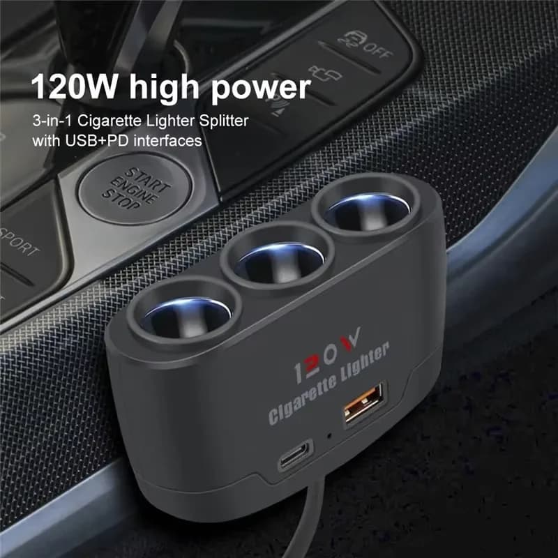 120W USB PD Socket 3 in 1 Car Cigarette Lighter Splitter 12V 24V Fast Charger Plug Phone Power Adapter for iPhone GPS Dashcam