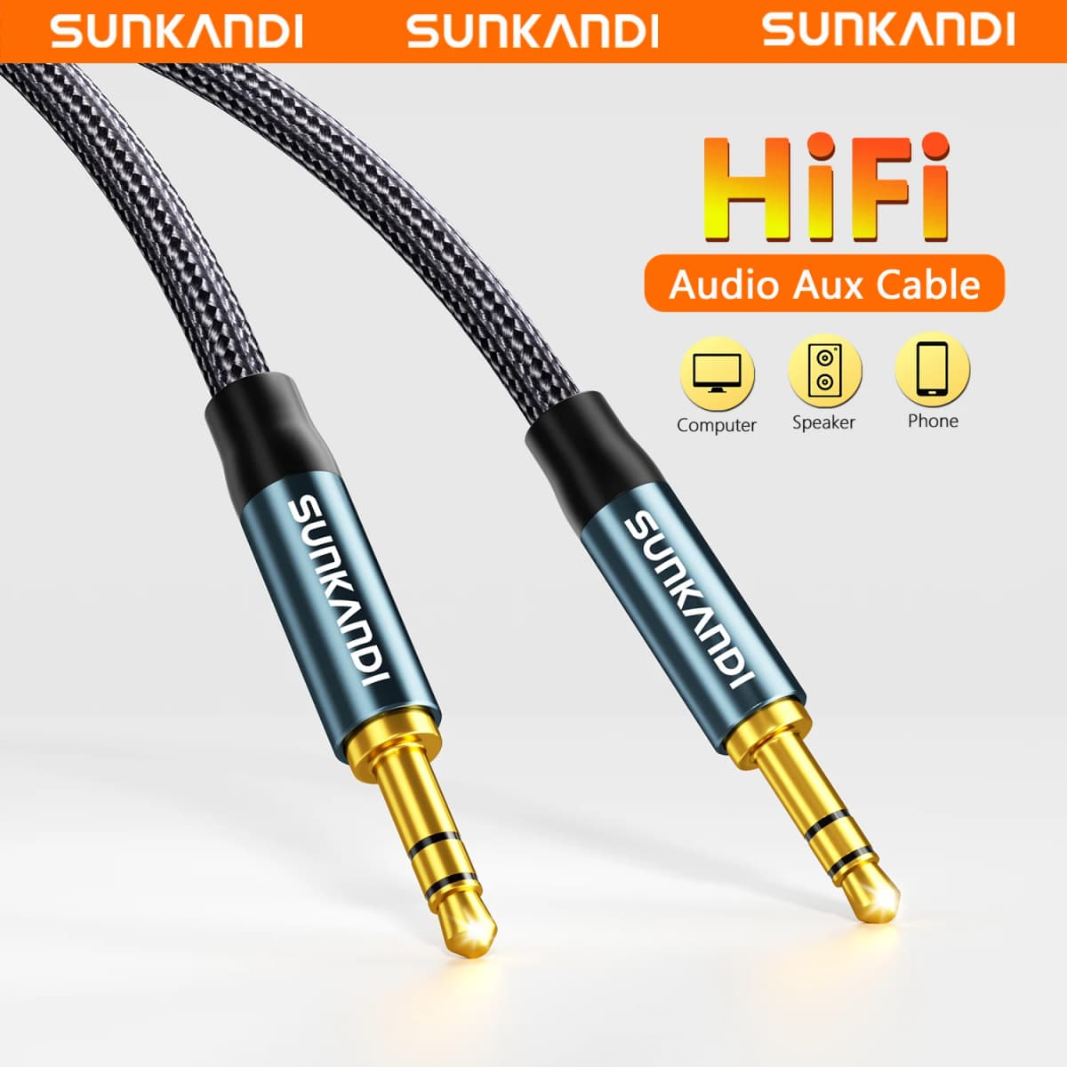 SUNKANDI 3.5mm Audio Cable Male to Male Stereo Audio AUX Cord for Car, Headphone Jack, Speaker, Home Stereos, Smartphone