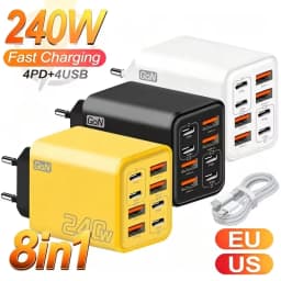 8 in 1 GaN USB C Desktop Charger 240W Fast Charge Phone Adapter Type C Cable For iPhone Samsung Xiaomi EU/US/UK Plug Charger