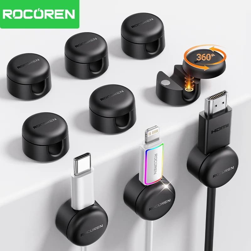 Rocoren 360° Rotating Magnetic Cable Management Self Adhesive Wire Cord Organizer Cable Clips Adjustable Wire Holder Under Desk