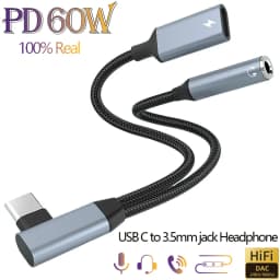 OTG 2 IN 1 Elbow Type USB C to 3.5mm Jack AUX Audio Headphone Adapter Fast Charger 60W for Samsung IPhone15 Huawei Xiaomi Tablet
