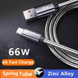 66W 6A Type C Charge Data Cable Spring Metal Braided For Xiaomi 12Pro K60 Samsung S6 S7 Huawei P40 P60 Android Phone USB C Cord