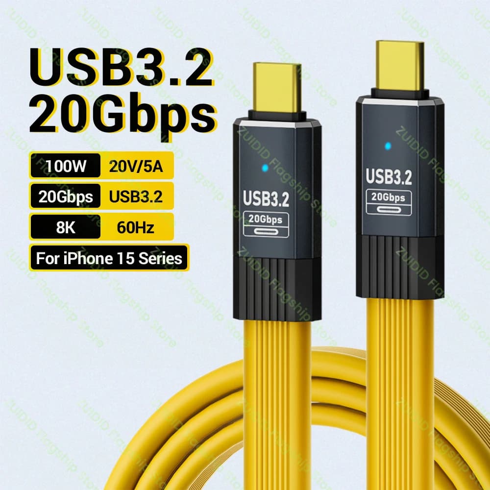 USB3.2 20Gbps Type C to Type C Flat Data Cable ThunderBolt 3 PD100W 5A USB-C Cord For iPhone 15 Pro MacBook Pro Samsung Xiaomi