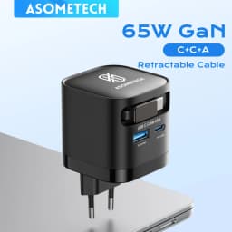 65W GaN USB Charger with Type C Retractable Cable 3 Port QC4.0 PD3.0 PPS Fast Charger for Macbook Laptop iPhone 16 15 14 Xiaomi