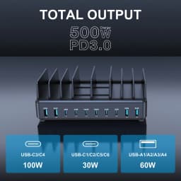 500W USB C Charger 10 Ports GaN Charging Station Stand PD 100W Fast Charge for MacBook Pro iPhone Samsung Laptops Tablets