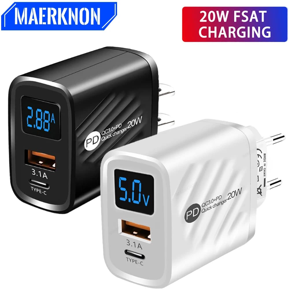 PD 20W Charger USB Type C Fast Charging Digital Display Phone Charge Adapter For iPhone Samsung Xiaomi Quick Charge Wall Charger