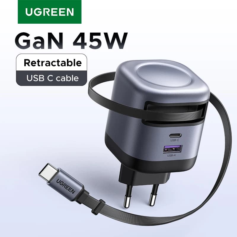 UGREEN 45W GaN Retractable Cable Charger UFCS PPS QC PD 3.0 Fast Charger For iPhone 17 16Pro Samsung S25 iPad Macbook Air Tablet