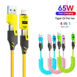 1-2PCS Fast Charging Spring Data Cable 65W Retractable USB Type C Cable For Iphone Huawei Xiaomi Phone Quick Charge Data Cord