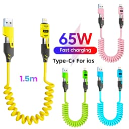 1-2PCS Fast Charging Spring Data Cable 65W Retractable USB Type C Cable For Iphone Huawei Xiaomi Phone Quick Charge Data Cord