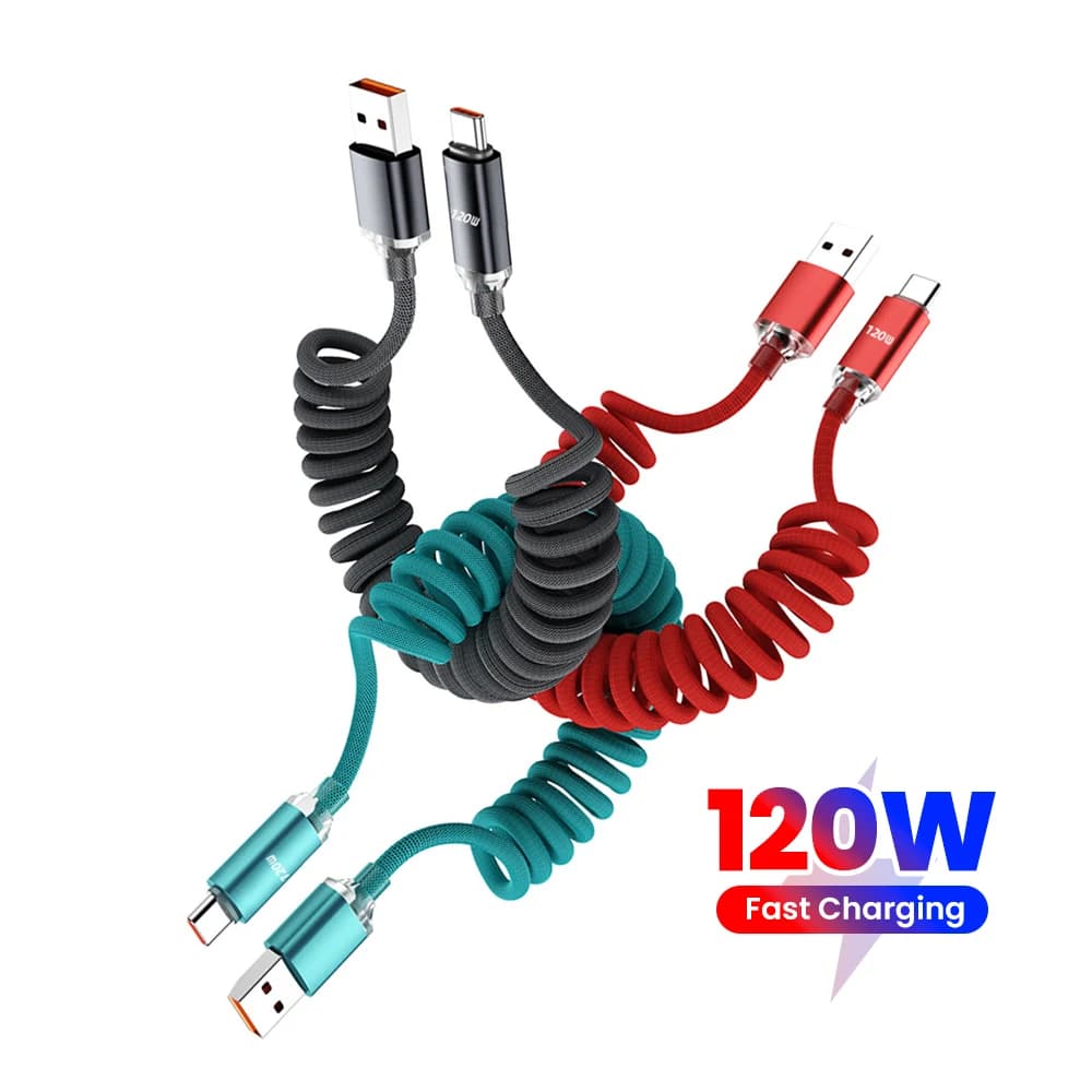 120W Car Spring Data Cable Retractable USB C To Type C Fast Charging Cable for iphone 15 16 Samsung Xiaomi USB Type C Cable