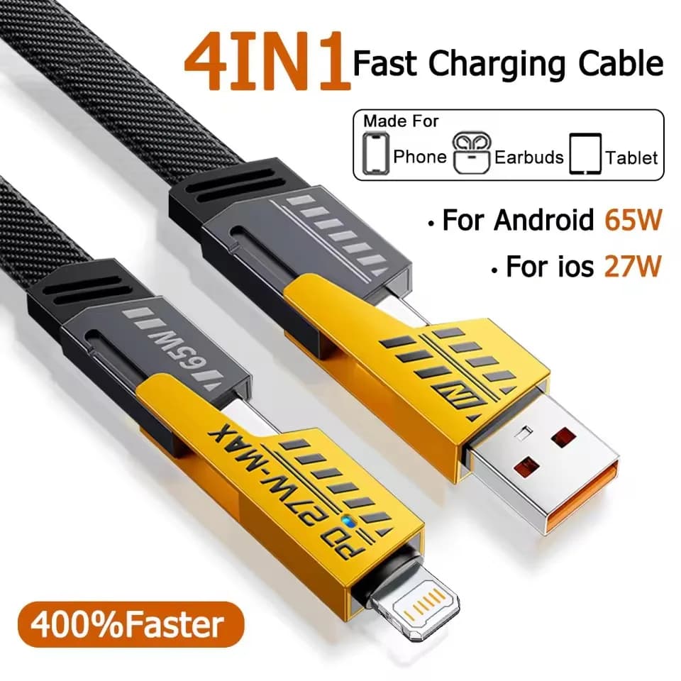 65W 4-in-1 Fast Charging PD QC Mecha Cable USB C Multi-Port Quick Charge Wire For Android iPhone XS 11 12 13 14 15 16 17 Pro Max