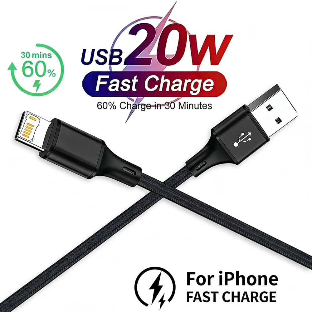 20W USB Fast Charge Cable For iPhone X XR XS 11 12 13 Mini 14 Pro Max 6 6S 7 8 14 Plus SE Fast Charging Cord Nylon Braided Cable