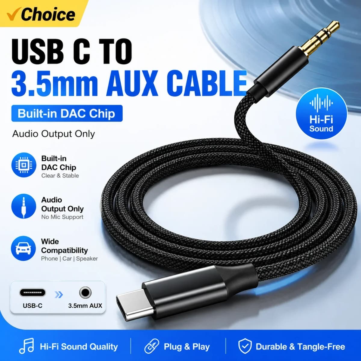 USB C to 3.5mm AUX Audio Cable with Built-in DAC, Type-C to AUX Jack Adapter, Audio Output for USB-C Phones, Car AUX,Speakers