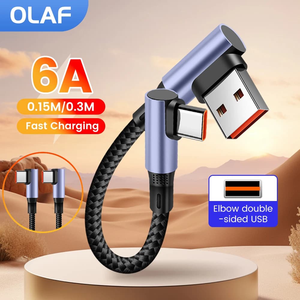 Olaf 6A 15CM 30CM Short Cable Fast Charging 90° Elbow USB A to Type C Cable For Power Bank USB C To USB C Cable For iPhone 15 16